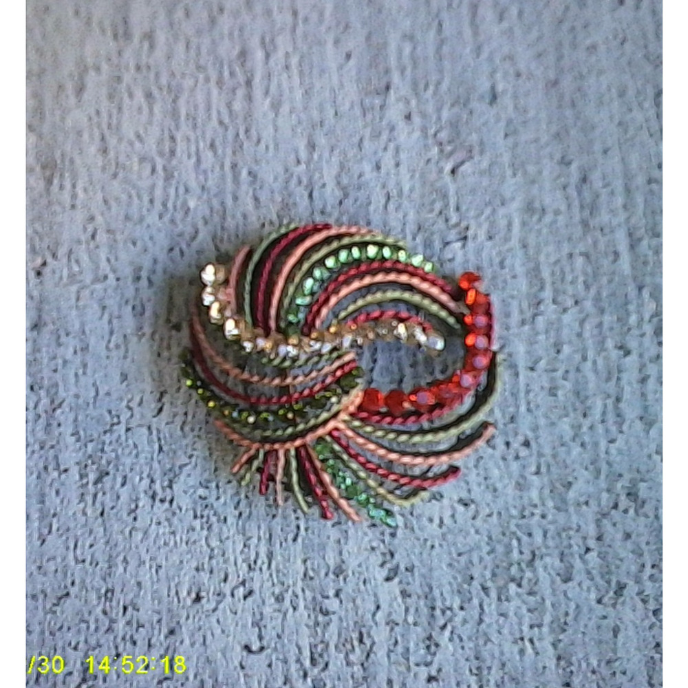 Vintage Swirl Red Green Pink Rhinestone Brooch Costume Jewelry